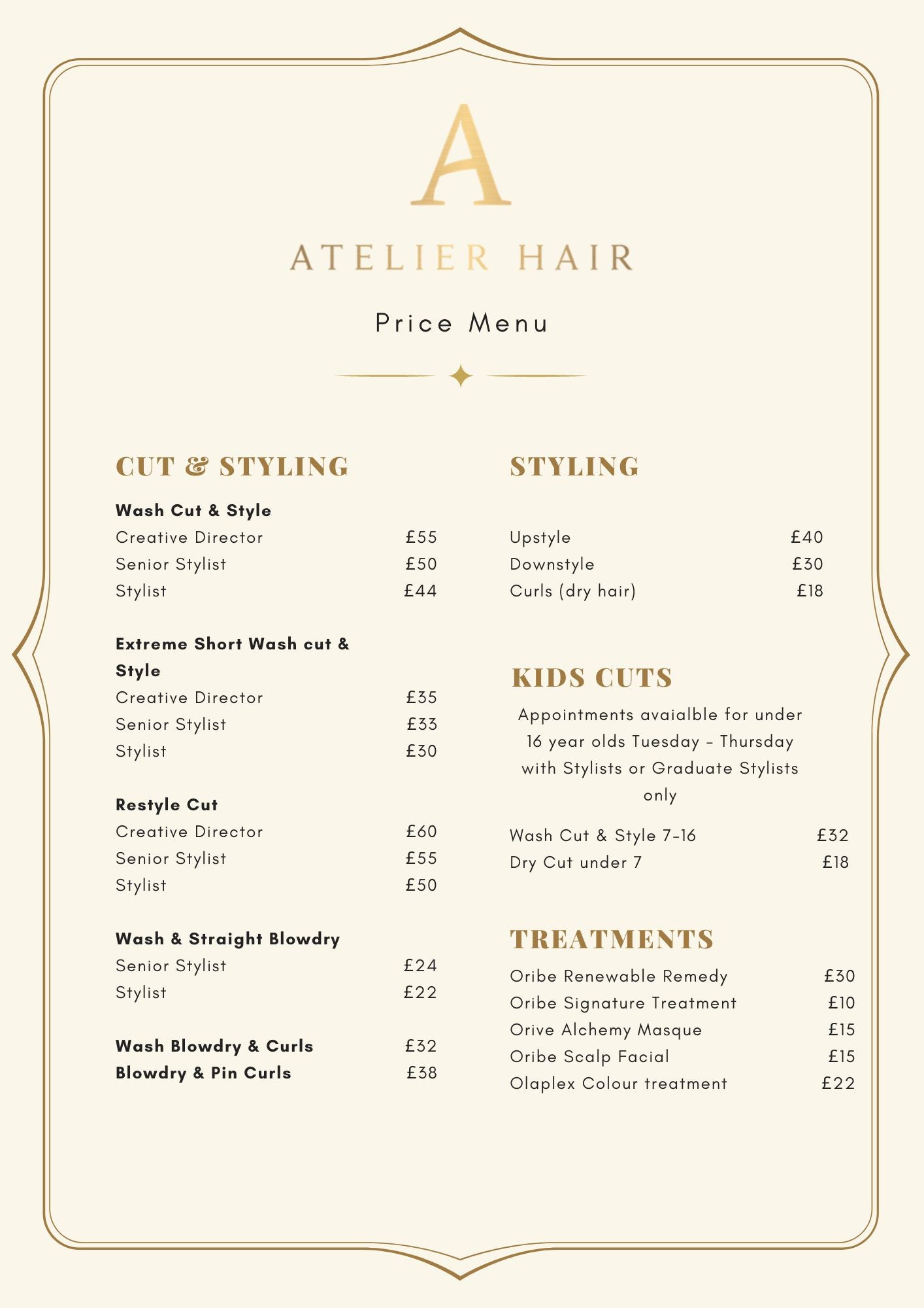 Atelier Price List Atelier Hair Co